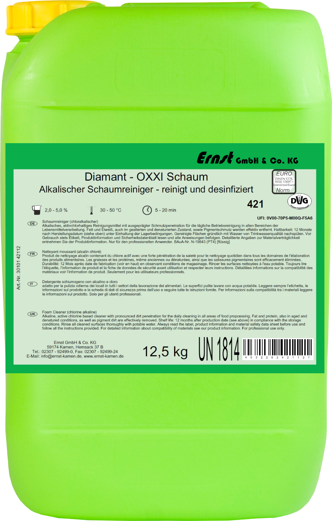 ERNST Diamant OXXI Schaum, Alkalischer Schaumreiniger mit Aktivchlor, 12,5-l Kanster