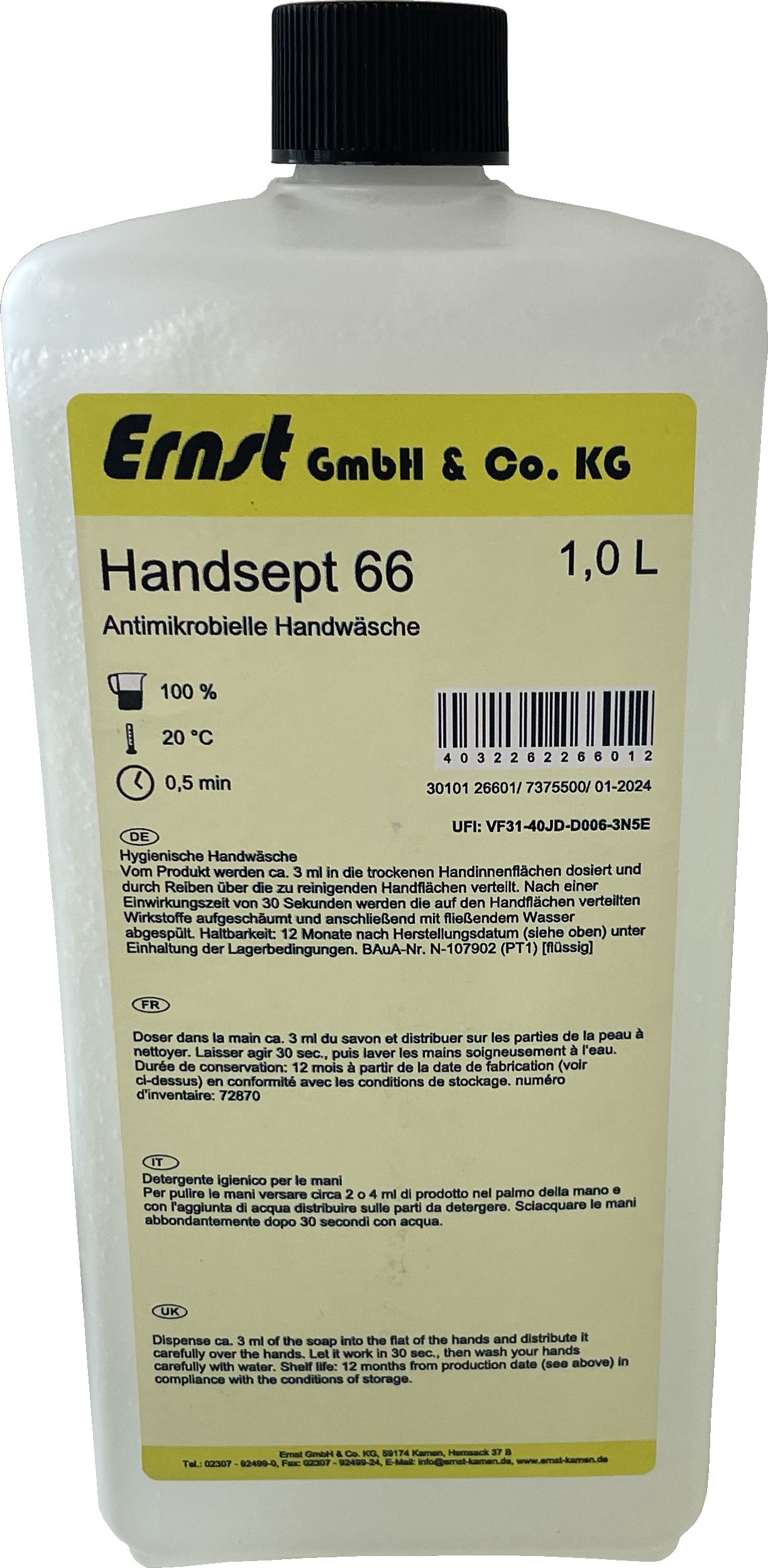 ERNST Handsept 66, Handwäsche mit Reinigung und Desinfektion, 1-l Flasche